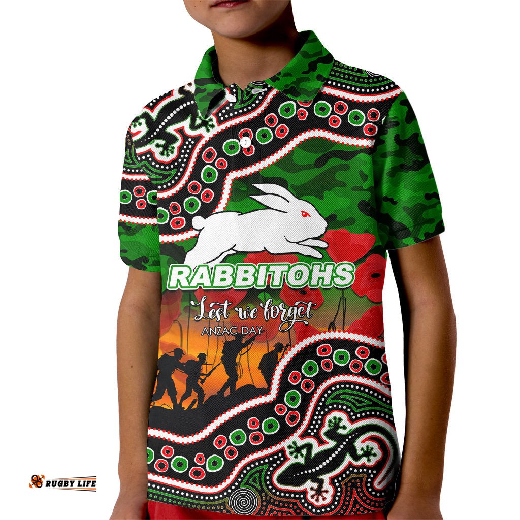 Custom Personalised Anzac Day NRL - Rabbitohs Kid Polo Shirt Aboriginal Lizard Patterns