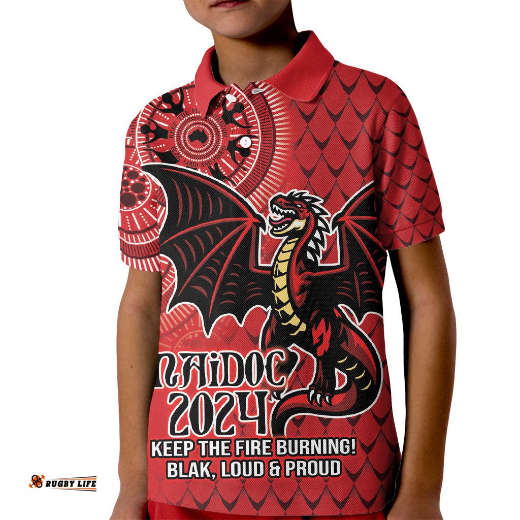 Personalised Dragons NAIDOC Week 2024 Kid Polo Shirt Aboriginal Fire Burning Sparks