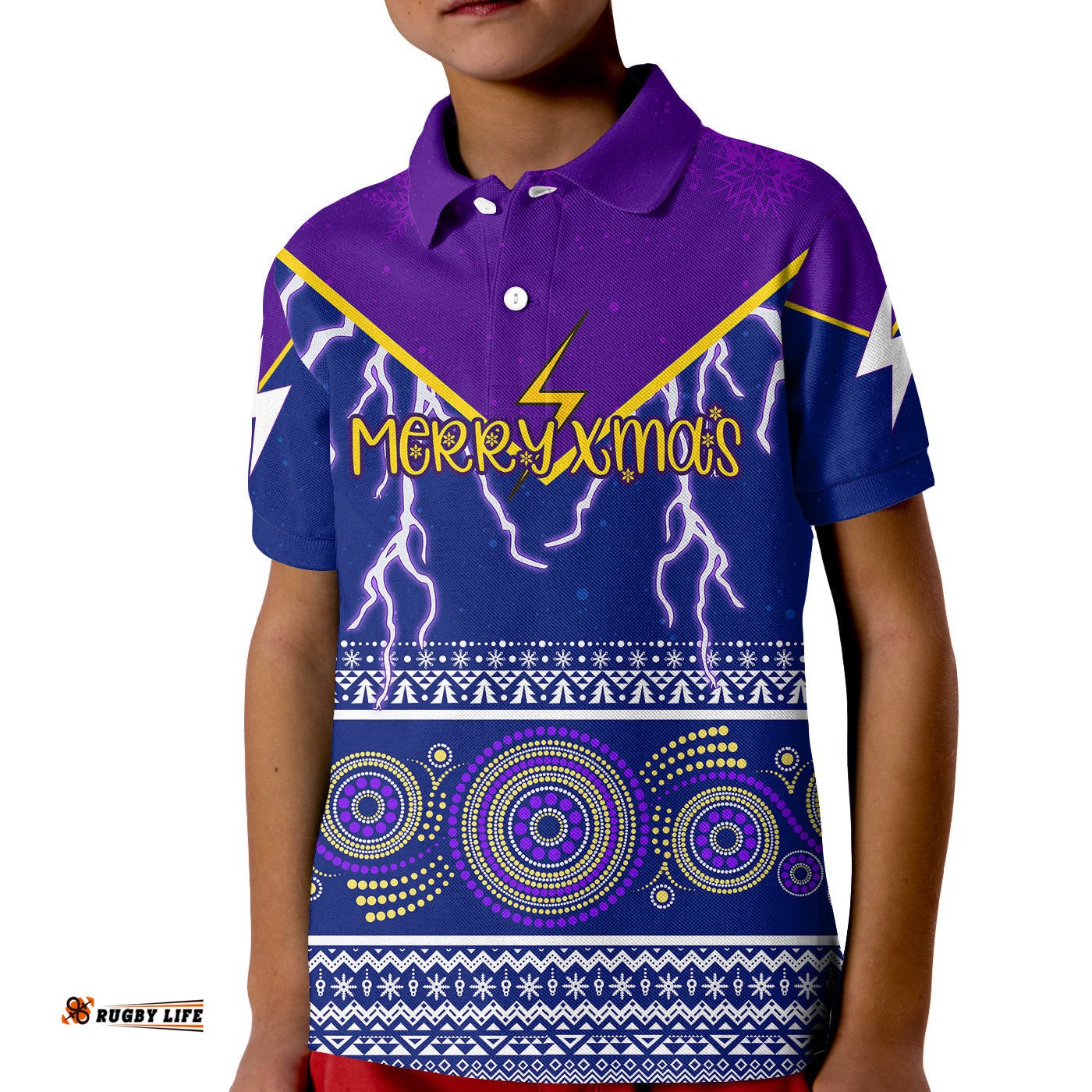 Indigenous Xmas Lightning Storm Aboriginal Art KID Polo Shirt