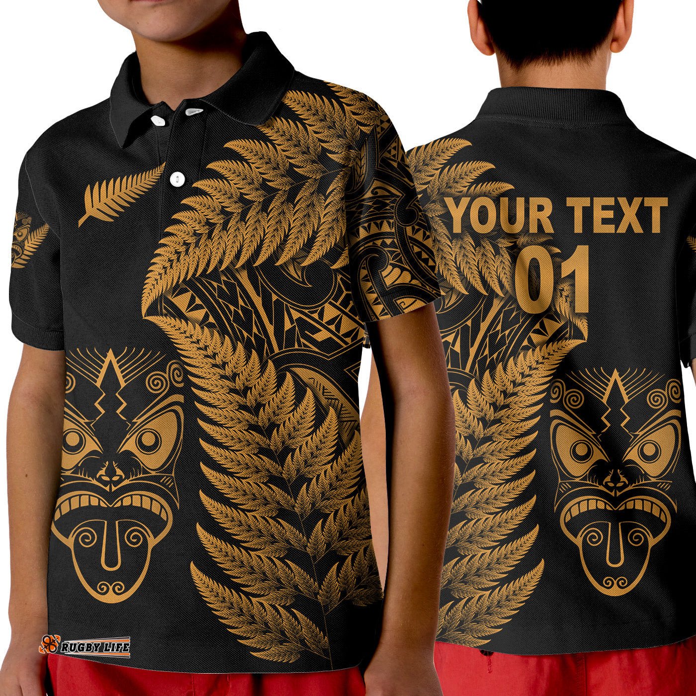 Custom Personalised New Zealand Haka Rugby Maori Polo Shirt KID Silver Fern Vibes - Gold