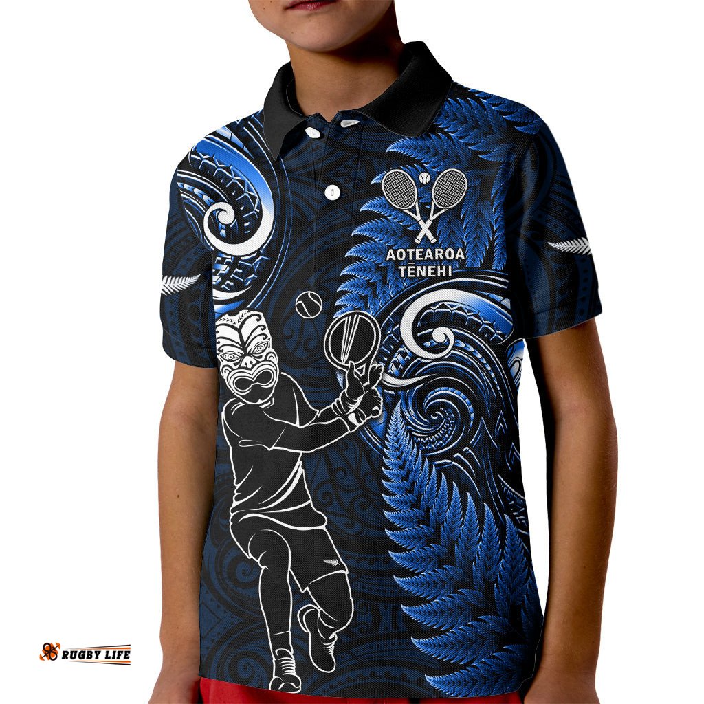 Custom New Zealand Tiki Tennis Kid Polo Shirt 2024 Aotearoa Tenehi Maori Silver Fern - Blue