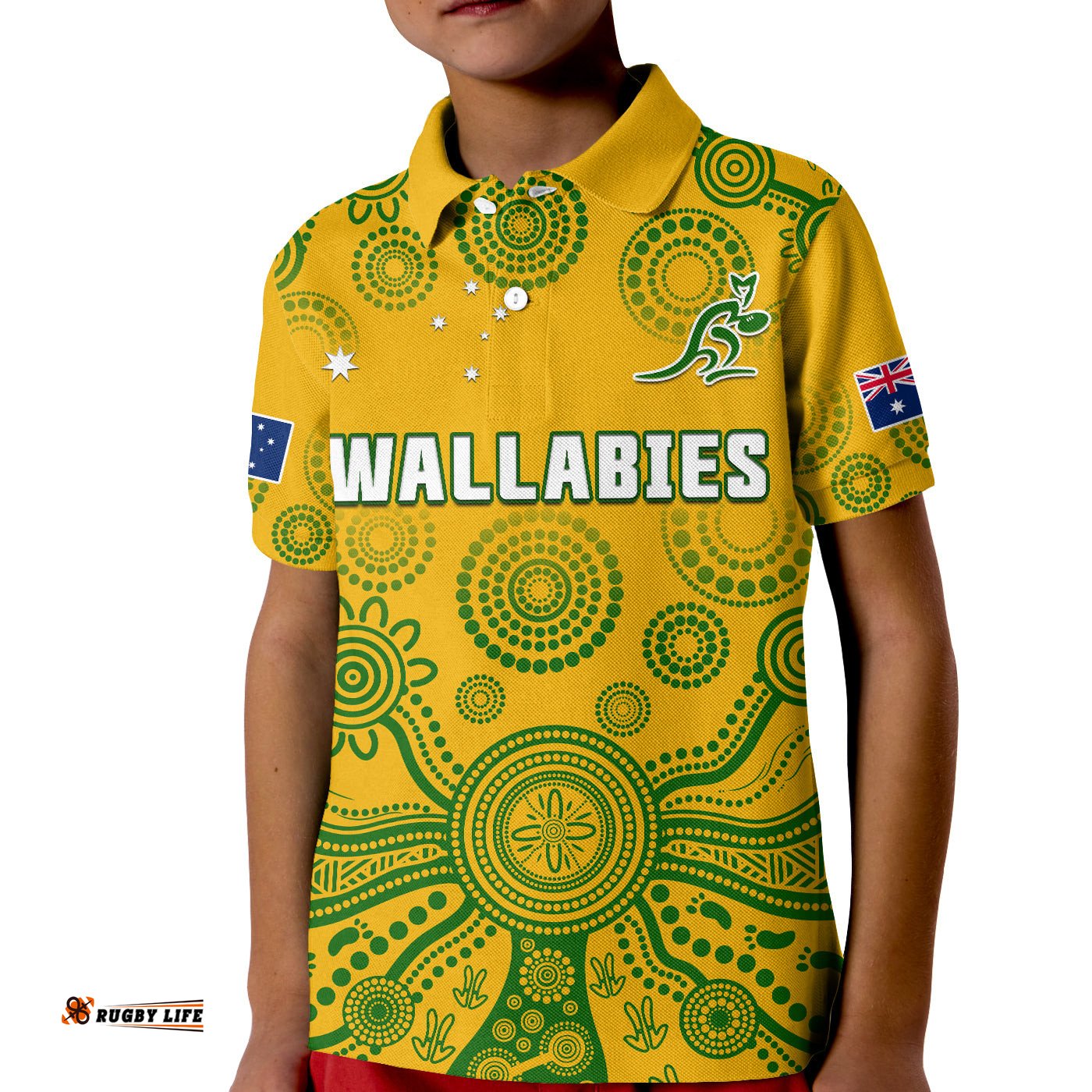 Custom Text And Number AustraliaRugby Polo Shirt KID Wallabies Aboriginal Yellow Style