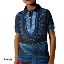 Blue African Dashiki With Aotearoa Maori Kid Polo Shirt Paua Shell Mix Silver Fern