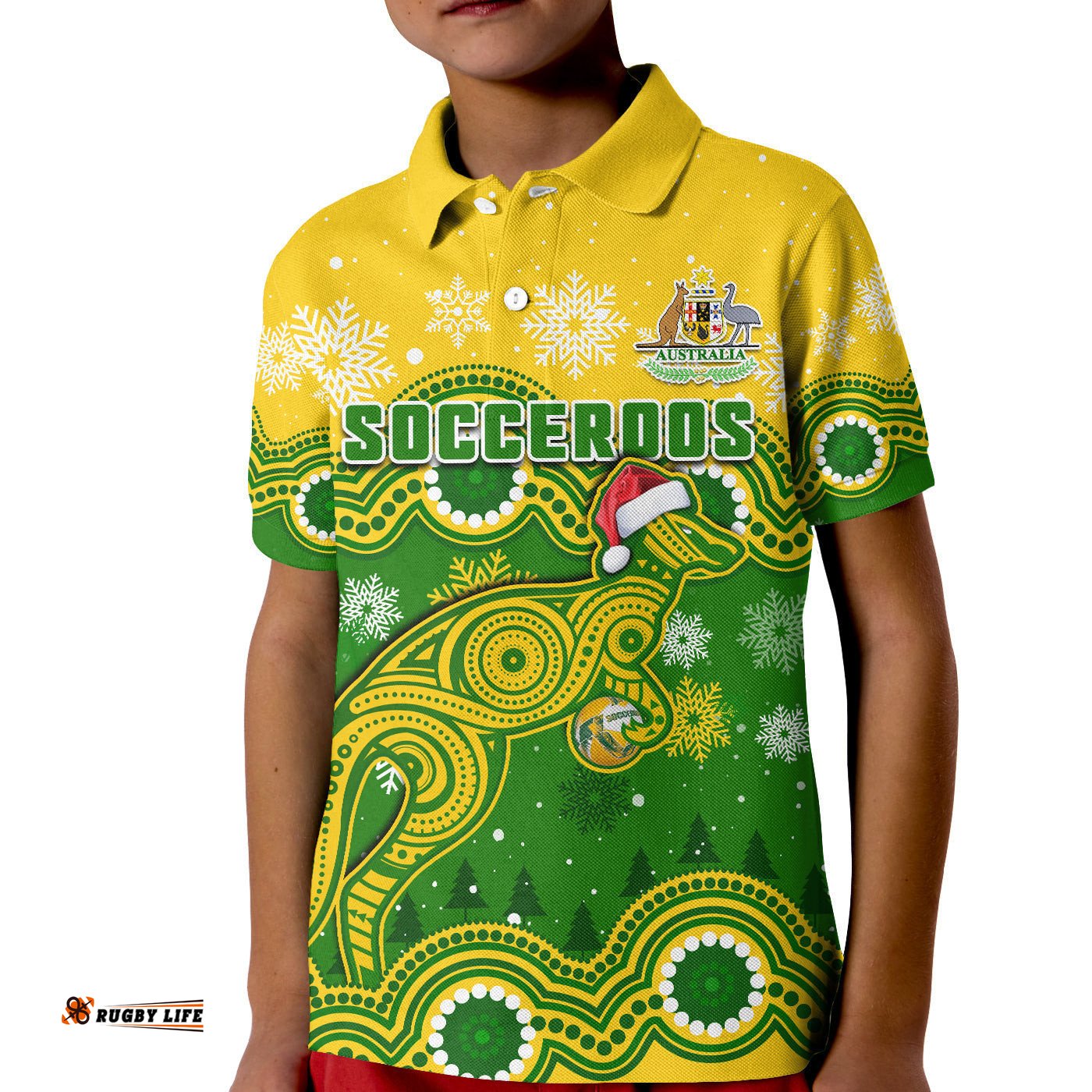 Australia Soccer Christmas Polo Shirt KID Socceroos Indigenous Kangaroo