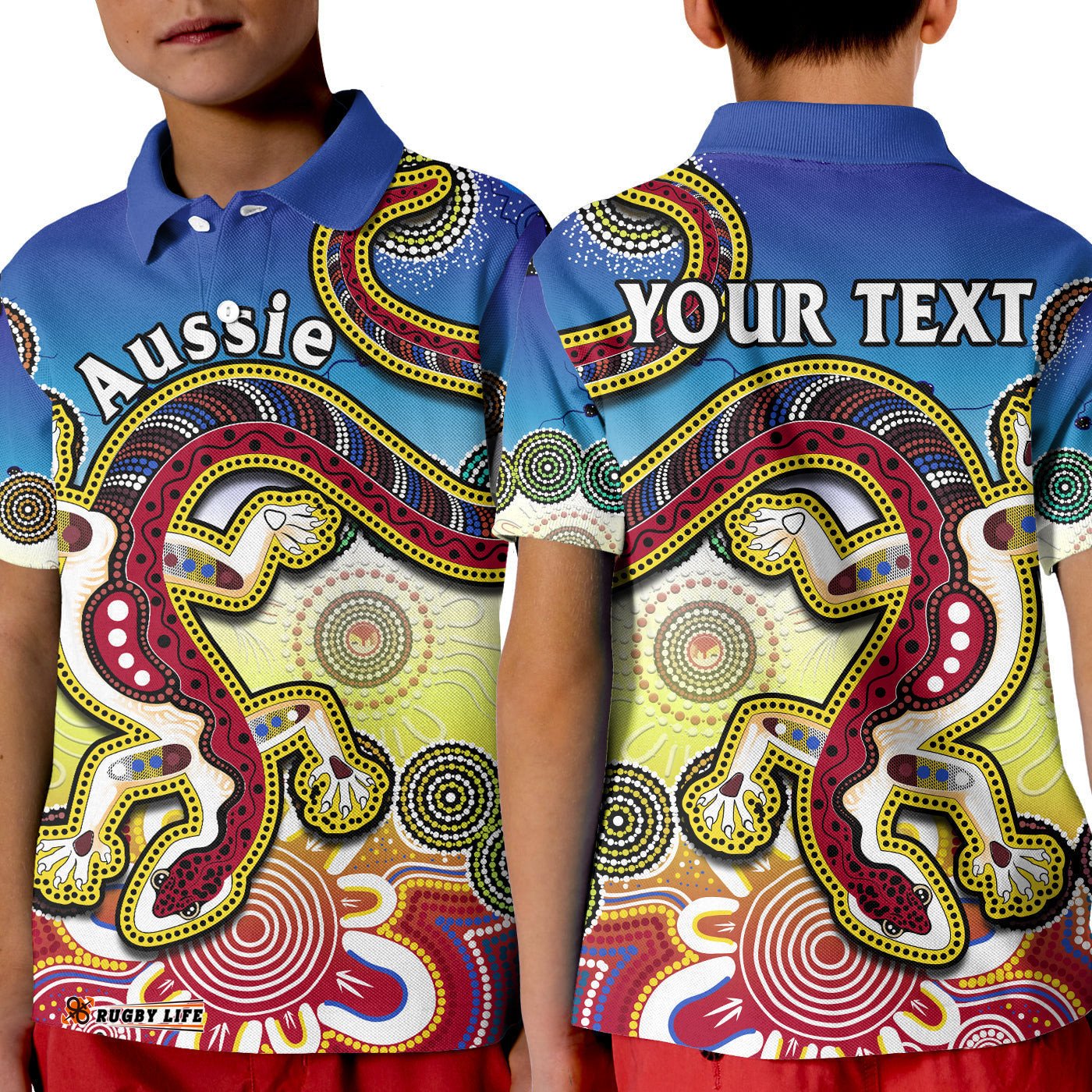 Custom Personalised Australia Polo Shirt KID Indigenous Red Lizard Love Aussie Artsy