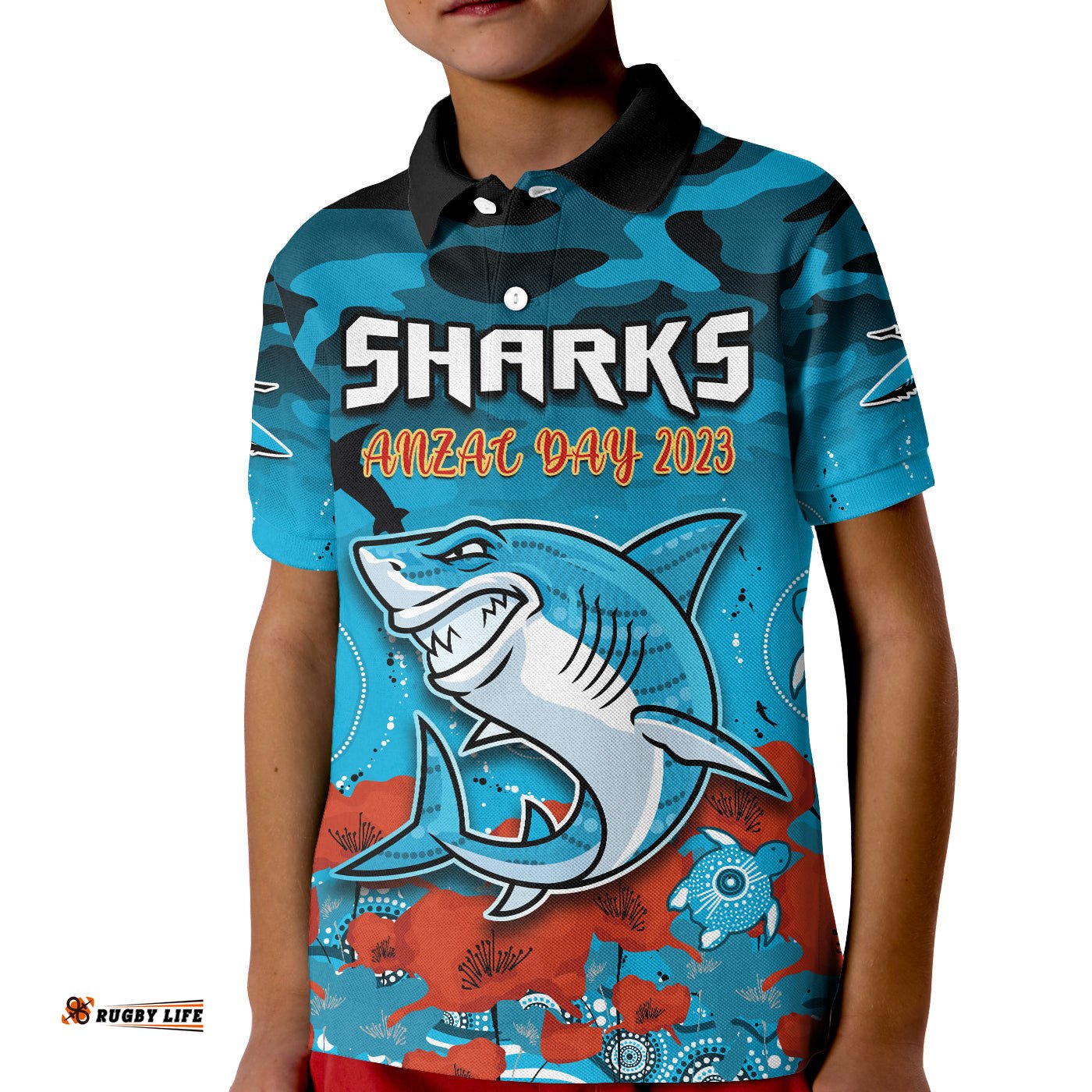 Sharks ANZACPolo Shirt KID Camouflage Poppy Mix Aboriginal