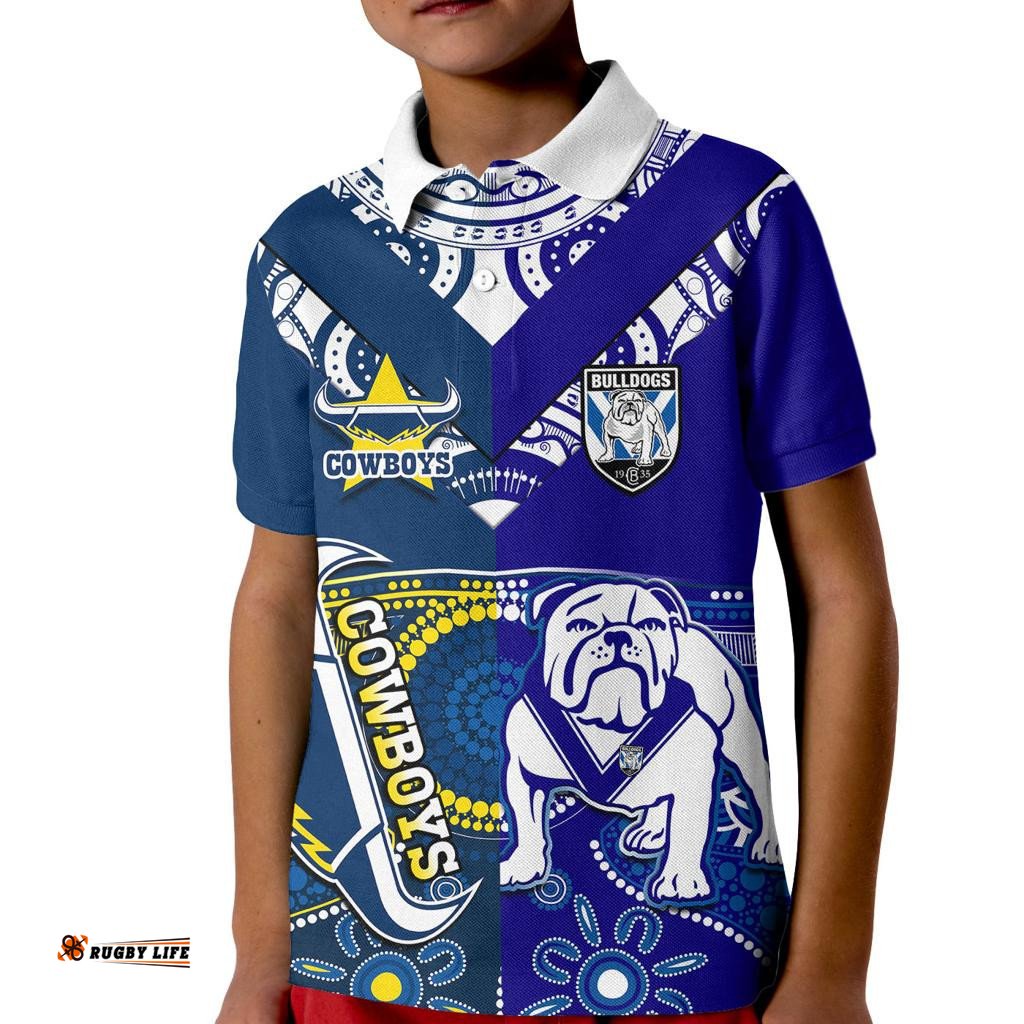 Custom Text And Number Bulldogs And Cowboys Rugby Kid Polo Shirt Together Indigenous