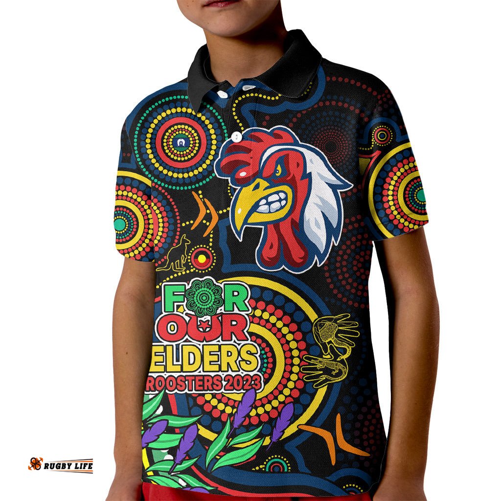 Roosters Rugby Aboriginal Art Kid Polo Shirt NAIDOC Indigenous Tribal
