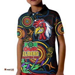 Roosters Rugby Aboriginal Art Kid Polo Shirt NAIDOC Indigenous Tribal