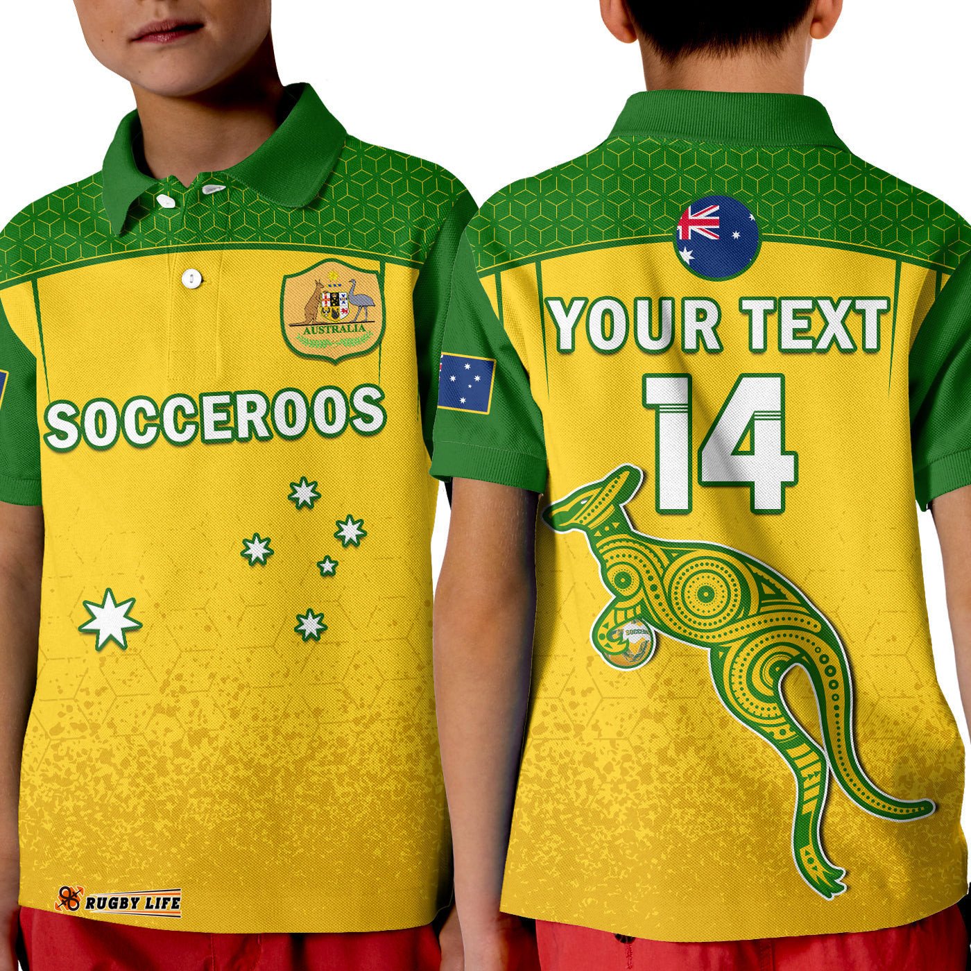 Custom Text And Number Australia Soccer Polo Shirt KID Socceroos Dots Kangaroo Simple Style