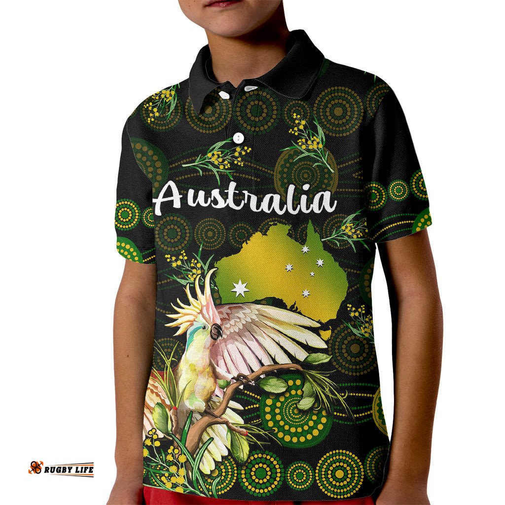 Custom Personalised Australia Kid Polo Shirt Golden Wattle Mix Cockatoo And Map