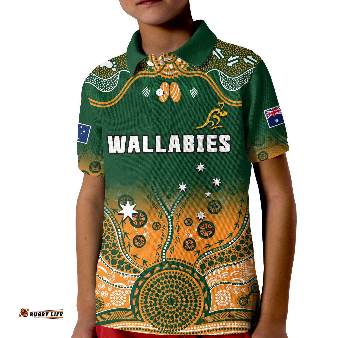 Custom Text And Number Australia Rugby Polo Shirt KID Wallabies Kangaroo Green Aboriginal