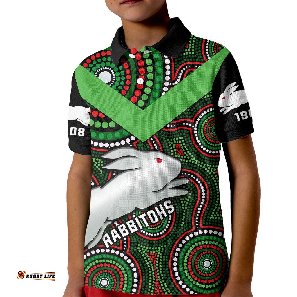 Personalised Rabbitohs Rugby Kid Polo Shirt Souths 1908 Indigenous Art