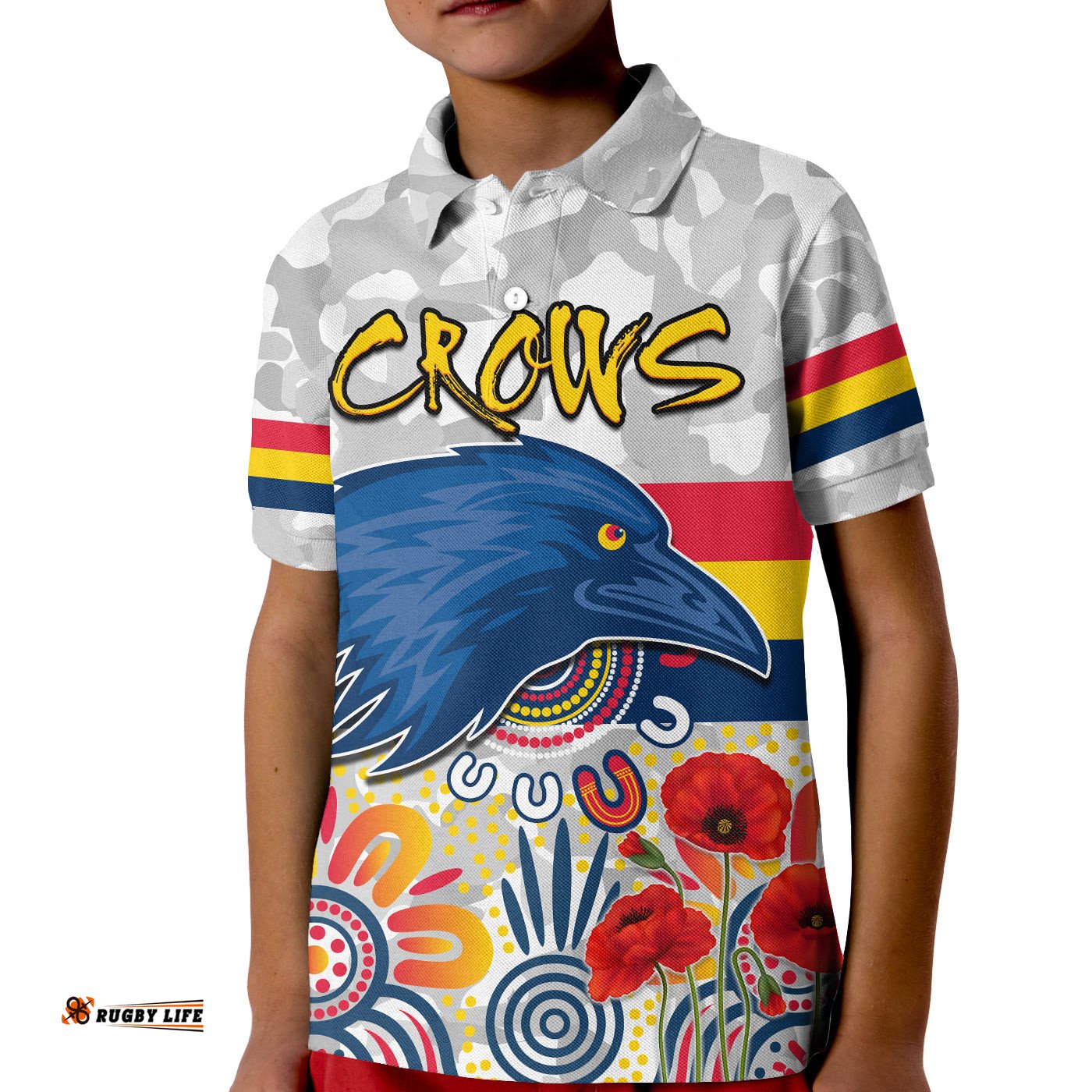 Crows AnzacPolo Shirt KID Adelaide Football Aboriginal Poppy