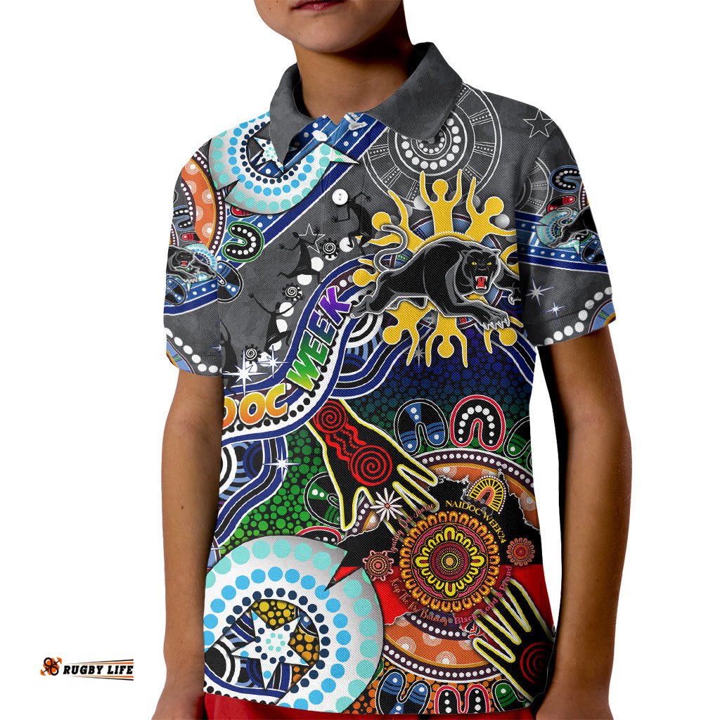 Personalised Panthers NAIDOC Week 2024 Kid Polo Shirt Australia Aboriginal Dot Painting