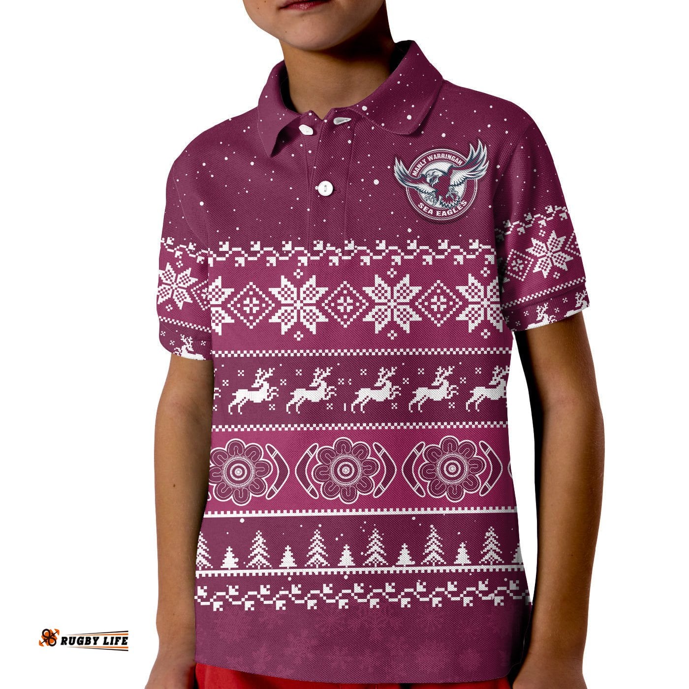 Sea Eagles Rugby Polo Shirt KID Indigenous Silvertails Merry Christmas