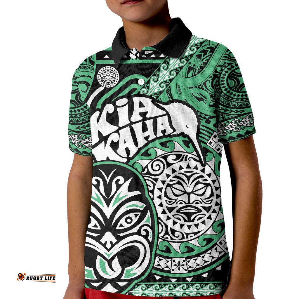 Personalised Te Reo Maori New Zealand Kid Polo Shirt Aotearoa Kia Haka Maori Tribal Tattoo Green Style