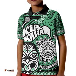 Personalised Te Reo Maori New Zealand Kid Polo Shirt Aotearoa Kia Haka Maori Tribal Tattoo Green Style