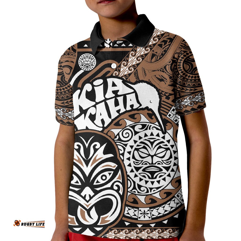 Personalised Te Reo Maori New Zealand Kid Polo Shirt Aotearoa Kia Haka Maori Tribal Tattoo Gold Style