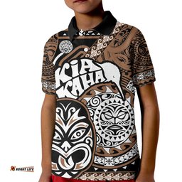 Personalised Te Reo Maori New Zealand Kid Polo Shirt Aotearoa Kia Haka Maori Tribal Tattoo Gold Style