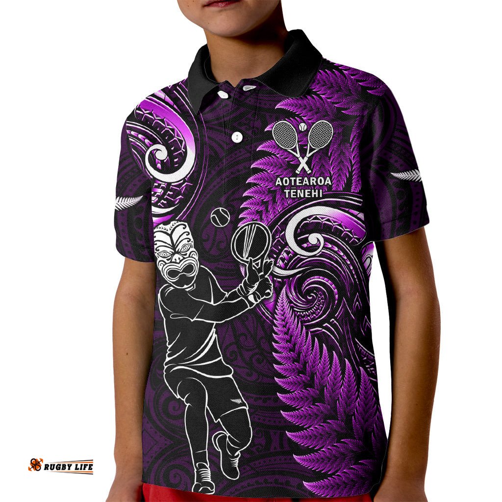 New Zealand Tiki Tennis Kid Polo Shirt 2024 Aotearoa Tenehi Maori Silver Fern - Purple