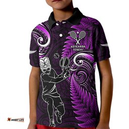 New Zealand Tiki Tennis Kid Polo Shirt 2024 Aotearoa Tenehi Maori Silver Fern - Purple