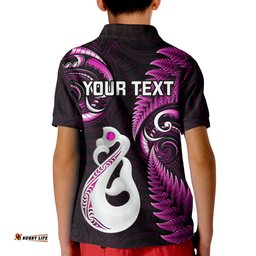 Personalised New Zealand Kid Polo Shirt Aotearoa Silver Fern With Manaia Maori Unique Pink