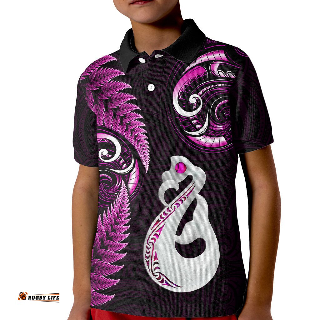 Personalised New Zealand Kid Polo Shirt Aotearoa Silver Fern With Manaia Maori Unique Pink