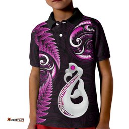 Personalised New Zealand Kid Polo Shirt Aotearoa Silver Fern With Manaia Maori Unique Pink