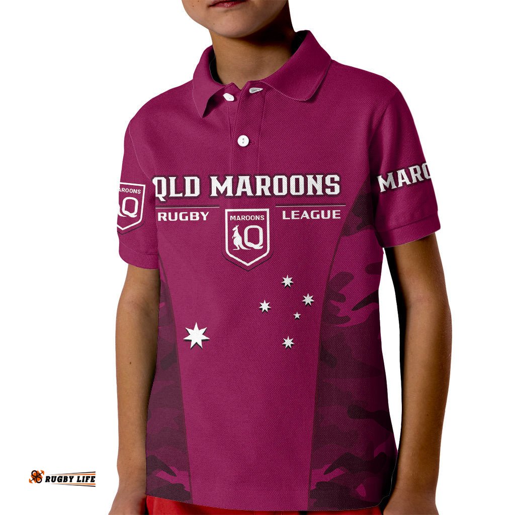 QLD Rugby Kid Polo Shirt Go Maroons Camouflage Sporty Style