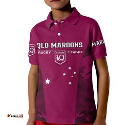 QLD Rugby Kid Polo Shirt Go Maroons Camouflage Sporty Style