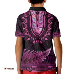 Pink African Dashiki With Aotearoa Maori Kid Polo Shirt Paua Shell Mix Silver Fern