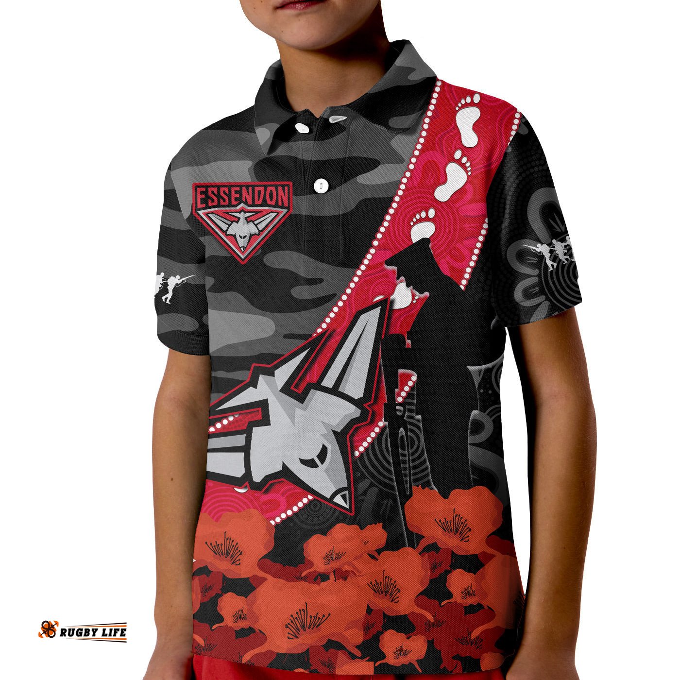 Essendon Football ANZACPolo Shirt KID Bombers Aboriginal Mix Poppy Camouflage