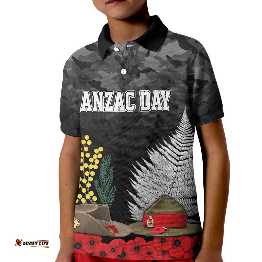 ANZAC DAY Kid Polo Shirt Camo Style - Slouch Hats Mix Silver Fern Golden Wattle