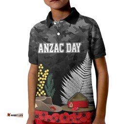 ANZAC DAY Kid Polo Shirt Camo Style - Slouch Hats Mix Silver Fern Golden Wattle