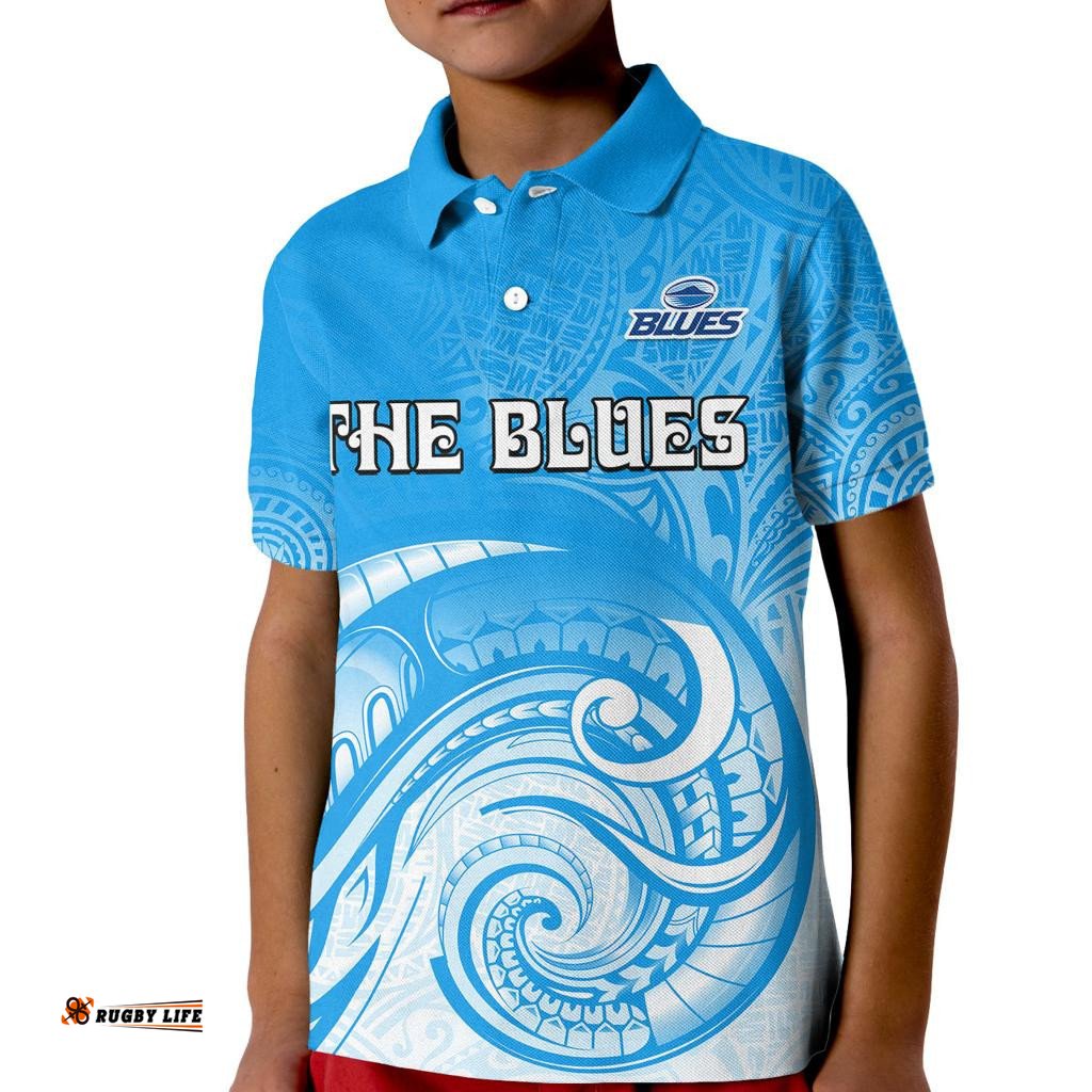 Super Blues Rugby Union Auckland Kid Polo Shirt New Zealand Koru Maori