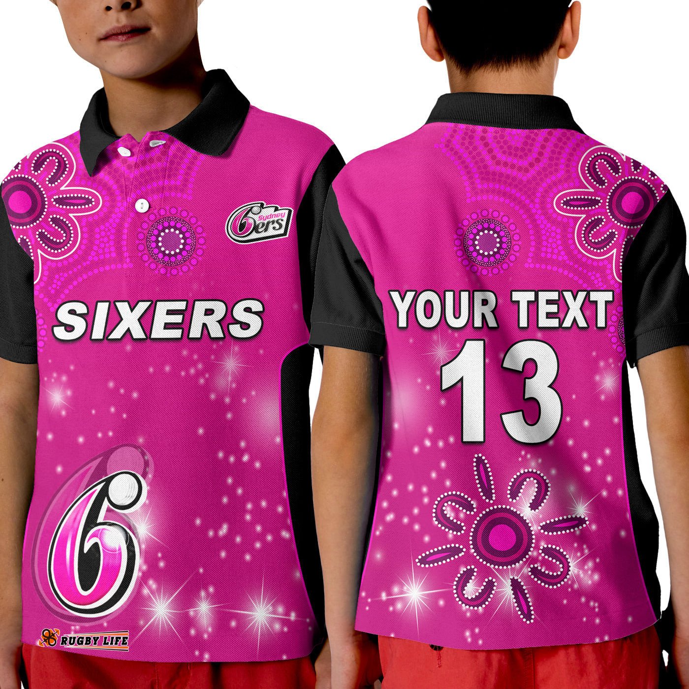 Custom Text and Number Sydney Sixers Polo Shirt KID Cricket Australia Aboriginal
