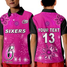 Custom Text and Number Sydney Sixers Polo Shirt KID Cricket Australia Aboriginal