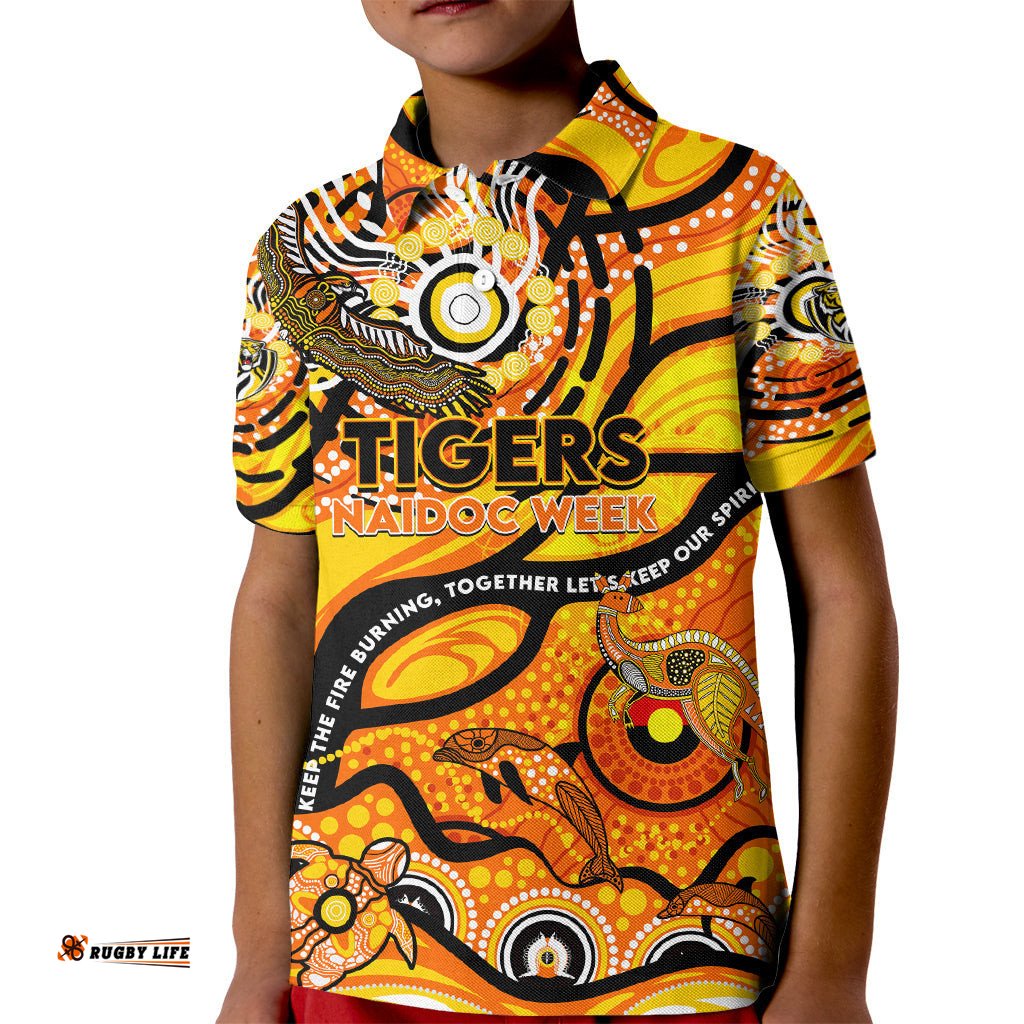 Custom NAIDOC Week 2024 Tiger Kid Polo Shirt Aboriginal Animals Keep The Fire Burning