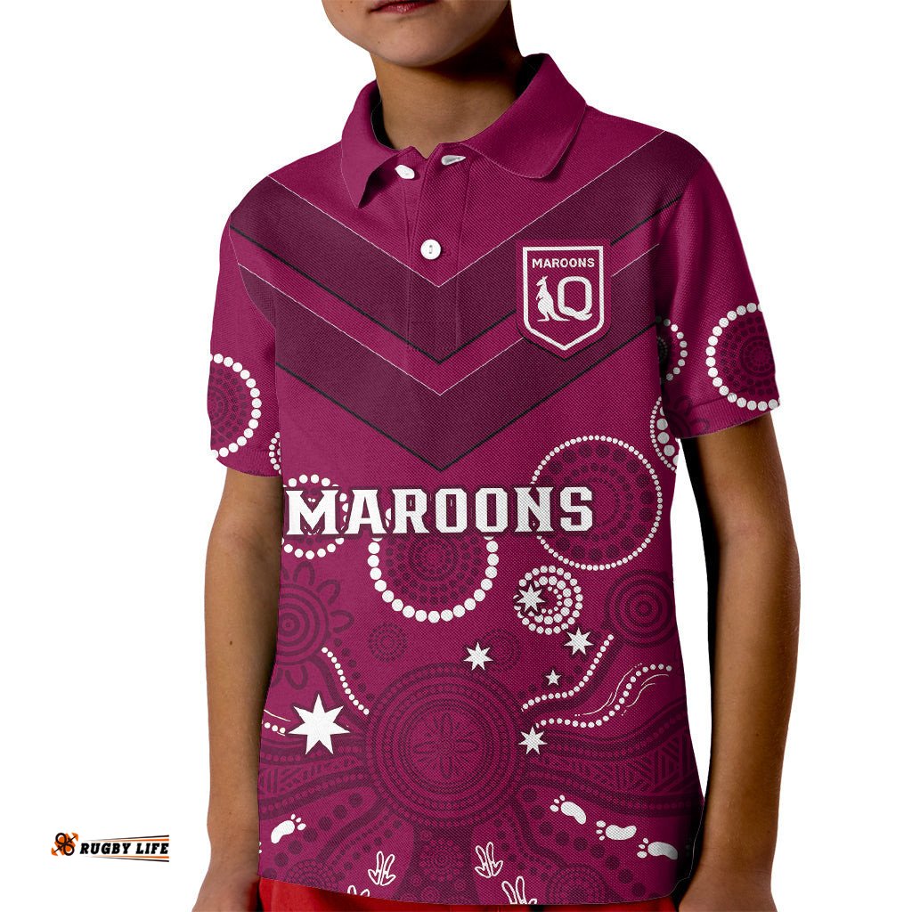 Personalised Maroons Rugby Kid Polo Shirt QLD Aboriginal Art