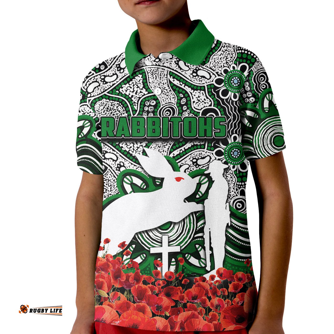 Rabbitohs Polo Shirt KID Anzac Day Poppy Flowers With Aboriginal