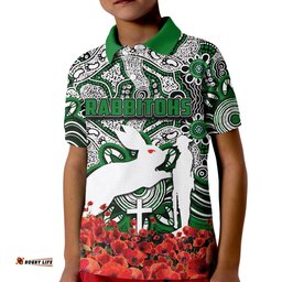 Rabbitohs Polo Shirt KID Anzac Day Poppy Flowers With Aboriginal