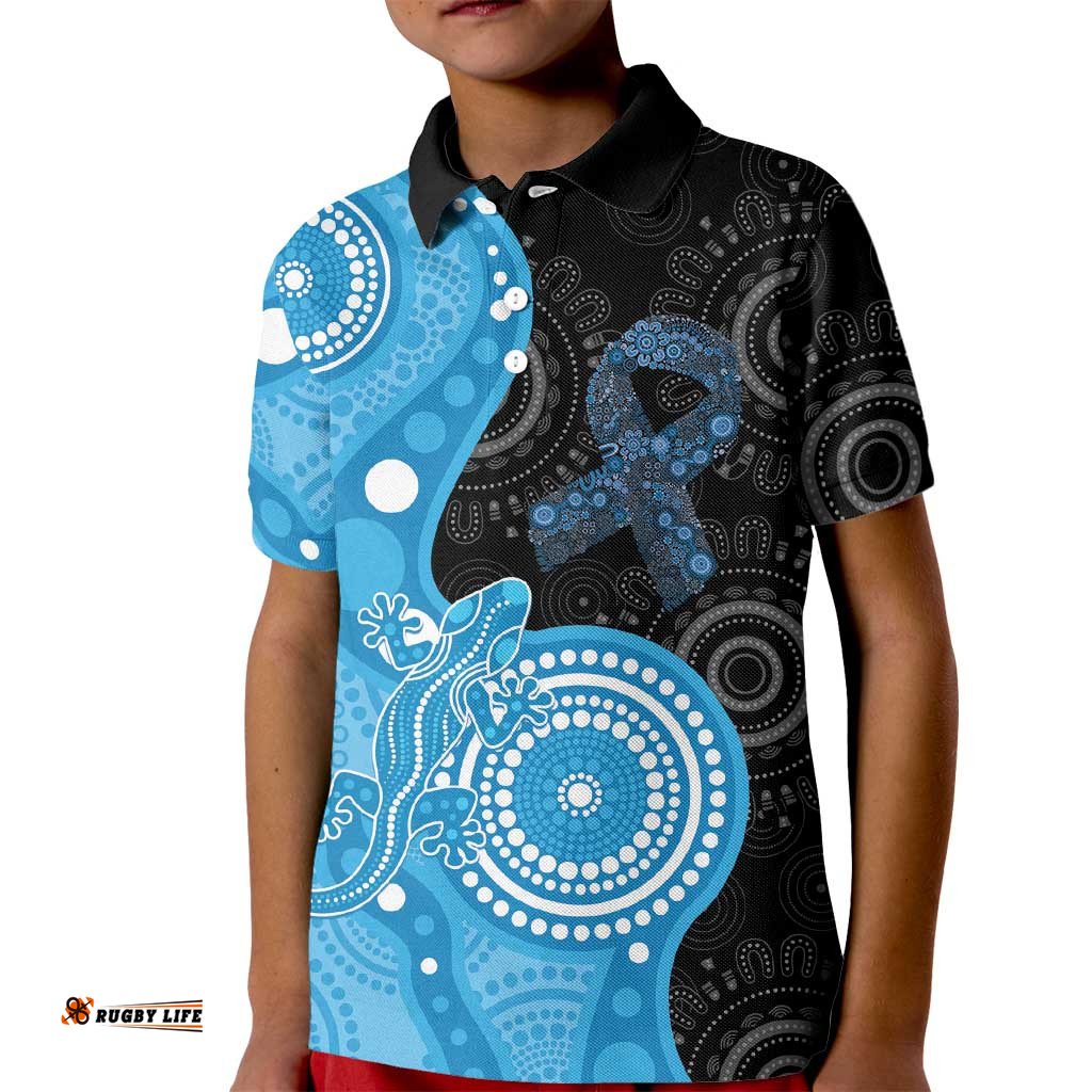 Australia Autism Awareness Month Kid Polo Shirt Indigenous Lizard With Blue Ribbon LT14