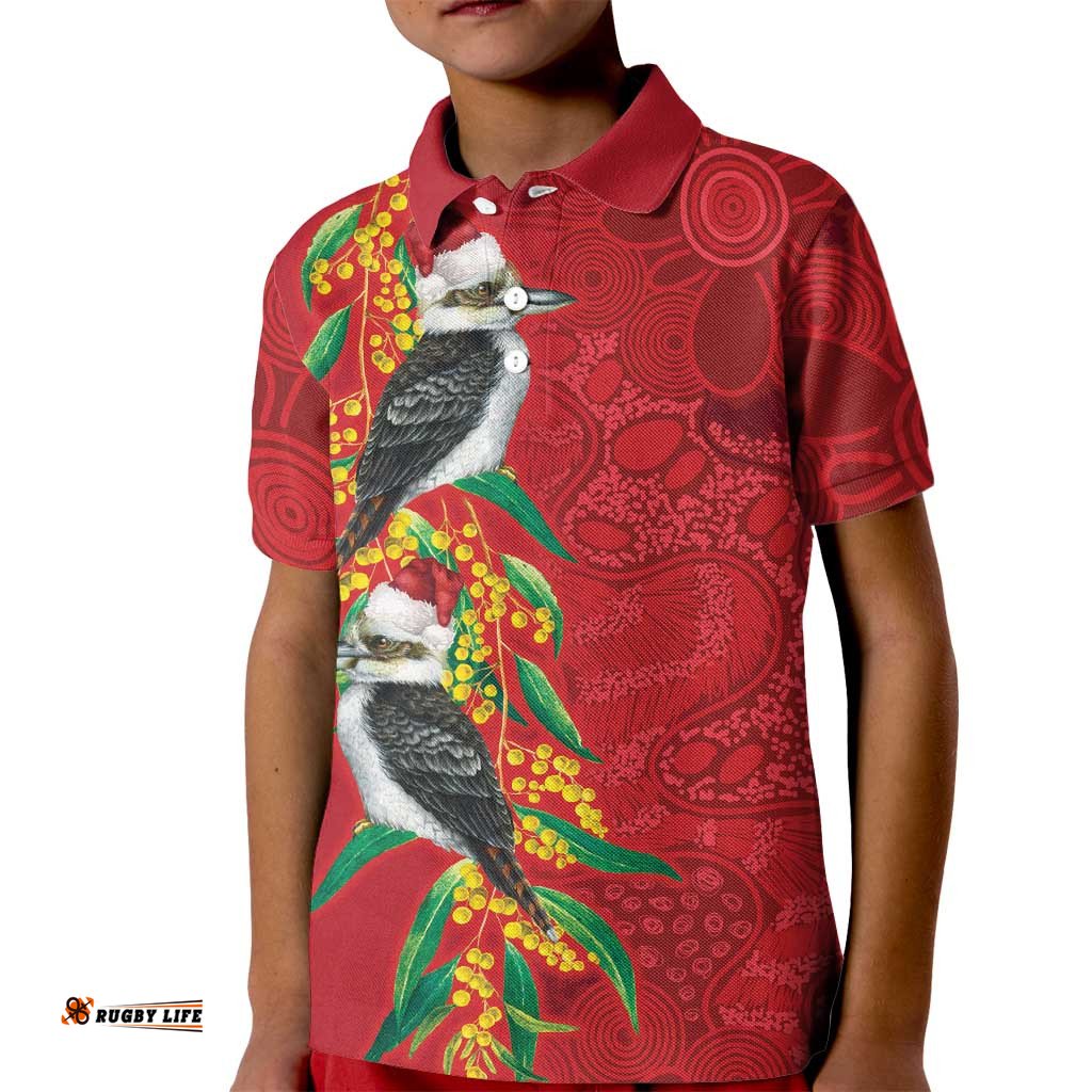 Aussie Kokaburra Golden Wattle Christmas Kid Polo Shirt Aboriginal Dots Painting Red Motif LT9