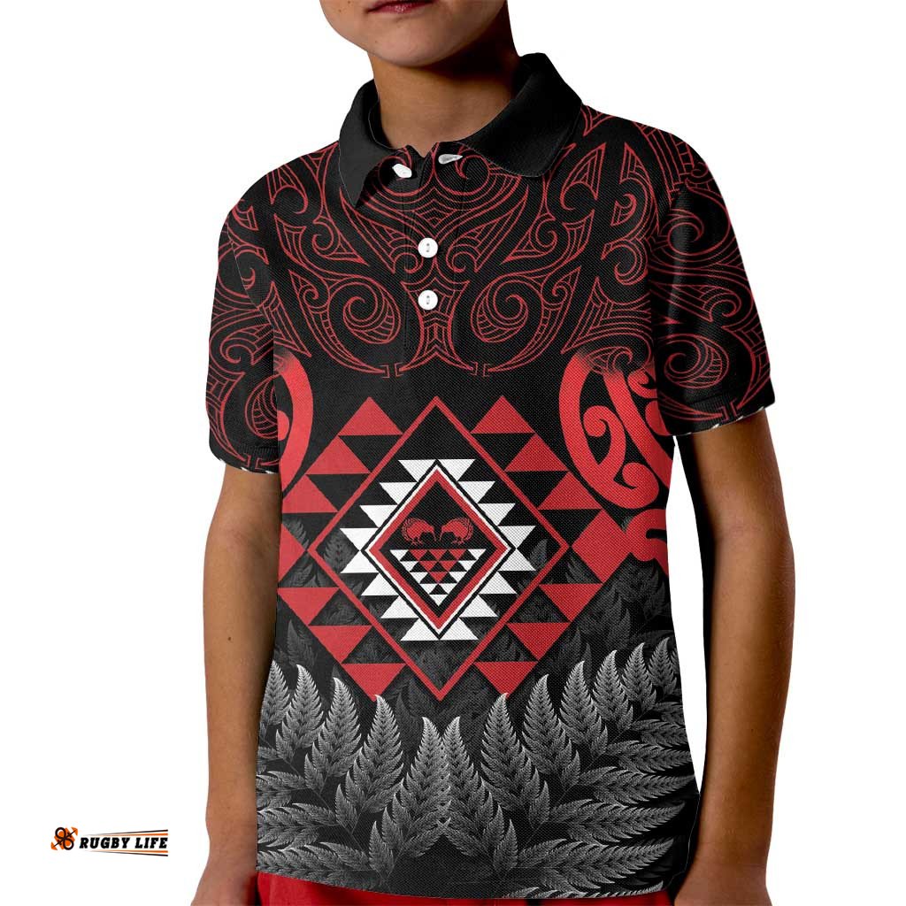 Aotearoa Kiwi Taniko Kid Polo Shirt Silver Fern With Maori Koru Pattern LT14