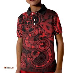Aotearoa Maori Hei Tiki Kid Polo Shirt Whero Kowhaiwhai Puhoro Motif LT9