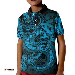 Aotearoa Maori Hei Tiki Kid Polo Shirt Kikorangi Kowhaiwhai Puhoro Motif LT9
