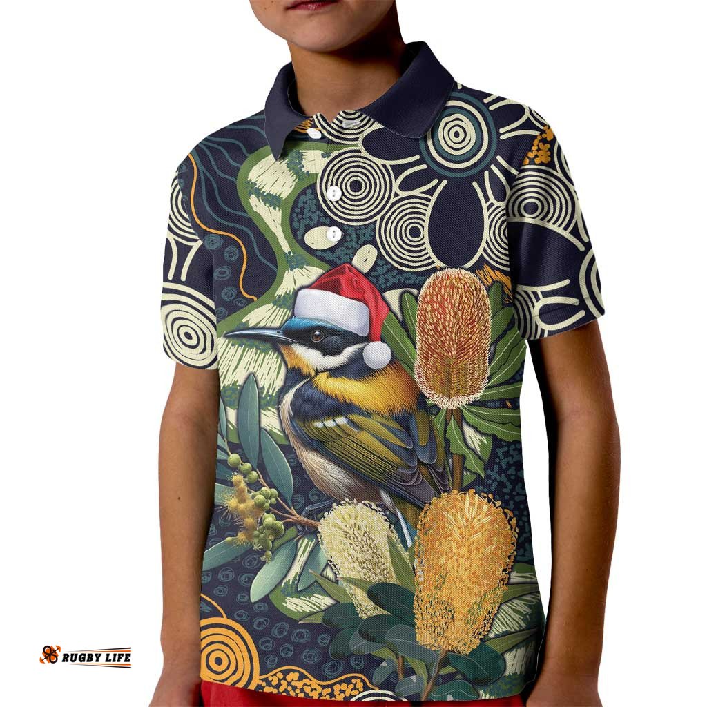 Aussie Honeyeaters Banksia Christmas Kid Polo Shirt Aboriginal Dots Painting Blue Motif LT9
