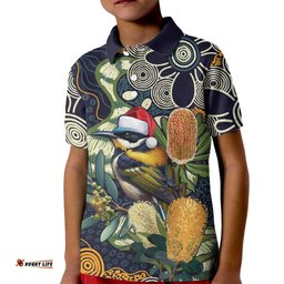 Aussie Honeyeaters Banksia Christmas Kid Polo Shirt Aboriginal Dots Painting Blue Motif LT9