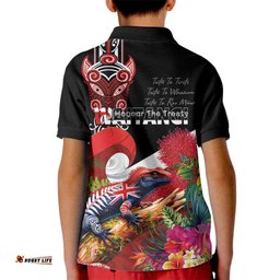 Aotearoa Toitu Te Tiriti Kid Polo Shirt Waitangi-Honour The Treaty NZ Tuatara and Plants LT03